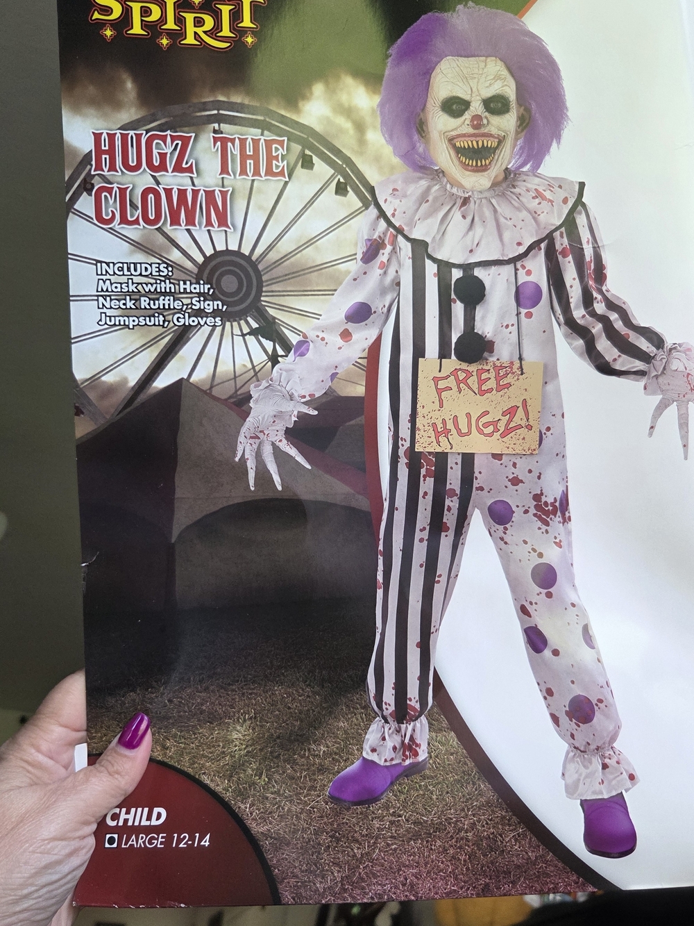 Spirit HUGZ The Clown Purple Kids Costume Large- Includes Mask, Jumpsuit & Sign
